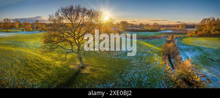 Wunderschönes Panorama der goldenen Herbststimmung mit Eiche, Flusswiesen in Hecken-Landschaft. Herbst l Stockfoto