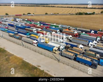 Eine lange LKW-Schlange im Hafenterminal. LKWs warten, um das Getreide zu entladen. Stockfoto