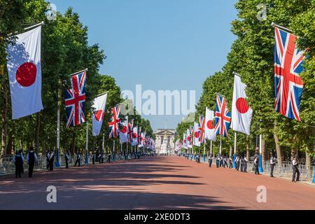 The Mall, London, Großbritannien. Juni 2024. Die Mall ist mit japanischen und britischen Flaggen geschmückt, bevor die Majestäten Kaiser Naruhito von Japan und seine Frau Kaiserin Masako, Japan State Besuch in Großbritannien. Quelle: Amanda Rose/Alamy Live News Stockfoto