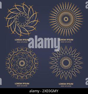 Set aus vier geometrischen runden Elementen im Vintage-Stil. Vektor-Goldmonogramm auf dunkelblauem Hintergrund. Vektorabbildung Stock Vektor