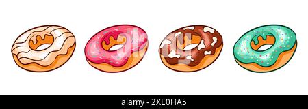 Donut-Kollektion im Cartoon-Stil. Schokoladen-, Vanille- und Glasurbonbons für Bäckerei-Design. Vektorillustration auf weißem Hintergrund isoliert. Stock Vektor
