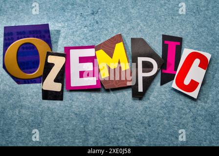 Das Medikament 'Ozempic', das in der Ransom-Note-Typografie, USA 2024, geschrieben wurde Stockfoto