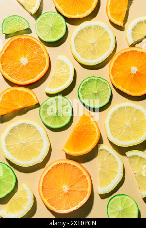 Kreativer Hintergrund aus tropischen Zitrusfrüchten des Sommers, Orange, Mandarine, Zitrone, Limette auf pastellgelbem Hintergrund. Schickes Essenskonzept. Stockfoto