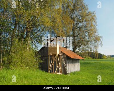 Jagdkanzel in der Nähe einer Feldhütte am Waldrand Stockfoto