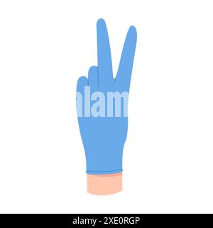 Doktoren Hand in blauem Handschuh zeigt zwei Finger in Frieden und Sieg Gesten Vektor Illustration Stock Vektor