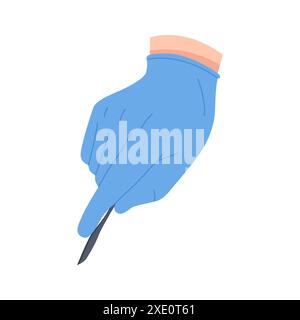 Chirurgenhand im Latex-blauen Handschuh, der professionelle scharfe Skalpell-Vektor-Illustration hält Stock Vektor