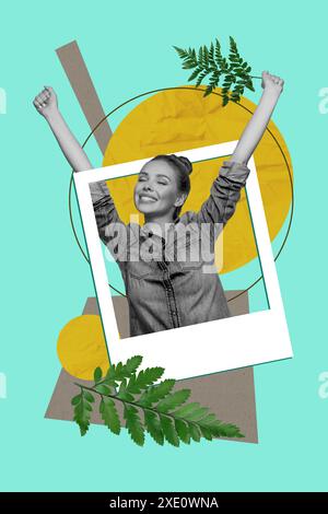 Vertikale Foto-Collage von Happy Girl Genießen Sie Frühlingsatmosphäre Halten Sie Baumzweig instagram Post Social Network isoliert auf gemalten Hintergrund Stockfoto