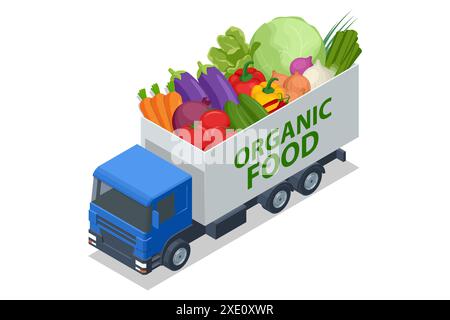 Isometrische Landwirte verkaufen eine Auswahl an ökologischem Obst und Gemüse auf einem Bauernmarkt. Verkäufer und Marketing. Landwirtschaftliche Ernte. Food Truck Stock Vektor