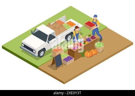 Isometrische Landwirte verkaufen eine Auswahl an ökologischem Obst und Gemüse auf einem Bauernmarkt. Verkäufer und Marketing. Landwirtschaftliche Ernte. Food Truck Stock Vektor