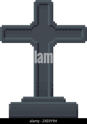 Friedhofskreuz im Pixel-Art-Stil. Gruseliges Grave Halloween-Designelement isoliert auf weiß Stock Vektor