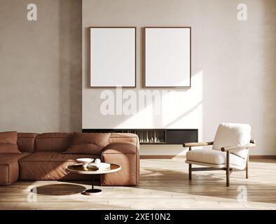Zwei vertikale Posterrahmen im skandinavischen Stil Wohnzimmerinnenraum, moderner Wohnzimmerinnenhintergrund, 3D-Renderi Stockfoto