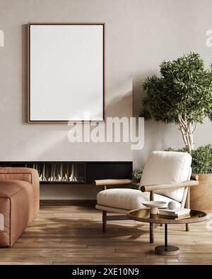 Posterrahmen im zeitgenössischen Hintergrund mit beigefarbener Wand, Sessel und Pflanze, 3D-Rendering-Illustration Stockfoto