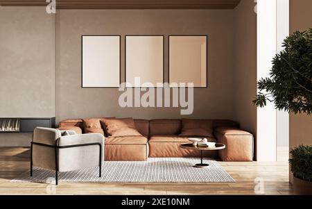 Drei leere Posterrahmen an beigefarbener Wand im Wohnzimmerinneren mit modernen Möbeln, Kamin und Ledersofa und Sessel, Stockfoto