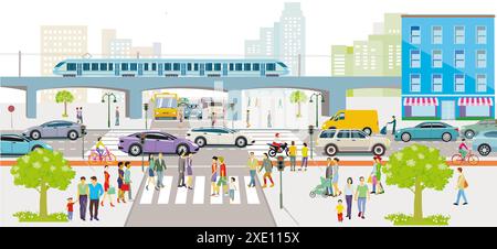 Urbane Silhouette einer Großstadt mit Verkehr und Fußgängerzonen, Panorama, Illustration Stockfoto