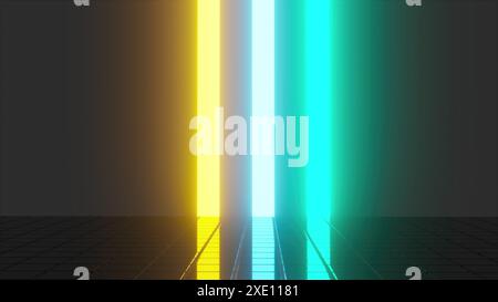 Schwarze Rasterwürfel mit Neonlinien Stockfoto