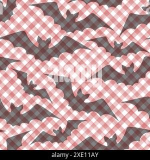 Halloween Aquarellgrunge nahtloses Muster mit schwarzen Silhouetten fliegenden Fledermäusen auf rotem Streifen kariertem Gingham-Hintergrund. Handgezeichneter Text in Aquarellfarbe Stockfoto