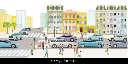 Urbane Silhouette einer Großstadt mit Verkehr und Fußgängerzonen, Panorama, Illustration Stockfoto