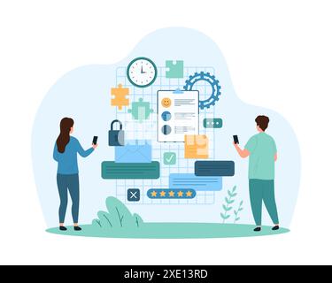 Planung planen, Terminplanung organisieren, Geschäftsaufgaben in der mobilen Kalender-App. Winzige Leute arbeiten mit Planer und Erinnerung, fügen Meetings, E-Mails und Nachrichten zur Zeichentrickvektorillustration hinzu Stock Vektor