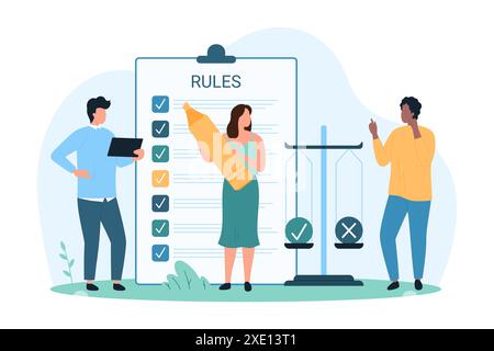 Unternehmensrichtlinien, Bedingungen und Regeln, Richtlinie. Winzige Leute lesen Informationen in Dokument in Zwischenablage mit Markierung zu steuern, die in der eingeschränkten Liste Cartoon Vektor Illustration Stock Vektor