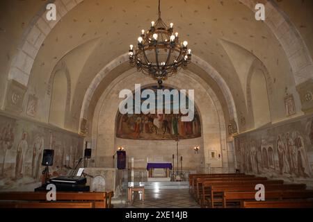 Im Inneren der katholischen Kirche von Bethphage am Mt. Von Oliven, Gemälde zeigt Christus, der auf einem Hengst nach Jerusalem reitet, hier beginnt die jährliche Palmensonntagsprozession. Stockfoto