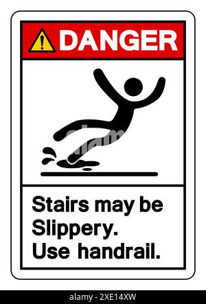 Gefahr Treppen Kann Rutschig Sein Verwenden Sie Handlauf Symbol Schild, Vektor-Illustration, Isolation Auf Weißem Hintergrund Etikett. EPS10 Stockfoto