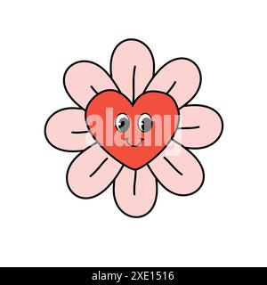 Vektor groovige Retro-Zeichentrickblume mit Herz isoliert auf weißem Hintergrund Stock Vektor