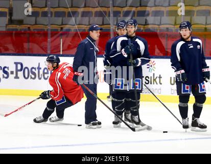 Von links: Gustav Forsling, Linköping Hockeyclub, LHC, Linköping, Schweden, während eines Trainings in der Saab Arena. Stockfoto