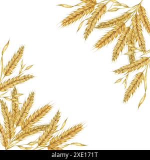 Vierkantrahmen aus Weizenohren. Gerstenstiele Aquarelldesign für Brotverpackungen und Branding für Bäckerei. Rustikales Clipart für Hochzeitseinladungen in der Scheune, Herbsterntefest, Thanksgiving, Shavuot-Feier Stockfoto