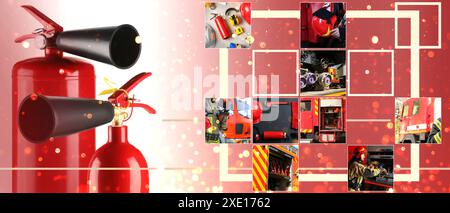 Collage mit Feuerlöschern, Feuerwehr und Feuerwehrauto. Bannerdesign Stockfoto