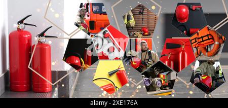 Collage mit Feuerlöschern, Feuerwehr und Feuerwehrauto. Bannerdesign Stockfoto