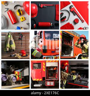 Collage mit Feuerlöschern, Feuerwehr und Feuerwehrauto Stockfoto