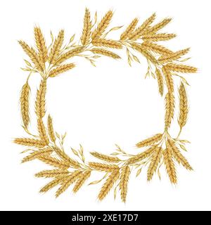 Rundrahmen für Weizenohren. Gerstenstiele Aquarellkranz für Brot, Mehlverpackungen, Bäckerei-Branding. Rustikales Clipart für Hochzeitseinladungen in der Scheune, Datum speichern, Thanksgiving, Shavuot, Etiketten und Tags Stockfoto
