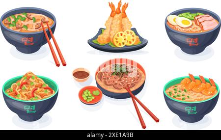 Japanische Nudeln Schüsseln Set. Asiatische koreanische chinesische Essensvielfalt thailändische Suppengerichte, Ramen Udon Soba Nudeln Schüssel Platte mit Hühnerfleisch Garnelen Soße Gemüse, saubere Vektor-Illustration Stock Vektor