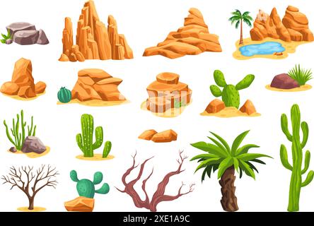 Wüstensteine Kaktus. Cartoon Wüstenlandschaftsformation, afrika Safari Vegetation Sand Dünen Oase Elemente Tumbleweed Rock Mountain Canyon, westliche geniale Vektor Illustration Stock Vektor