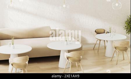 Café-Inneneinrichtung mit Sofa, Couchtisch und Stühlen, helle und beige Innenausstattung, 3D-Rendering Stockfoto