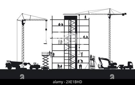 Abbildung Bauunternehmen mit Bauherstellern und Baumaschinen Stockfoto