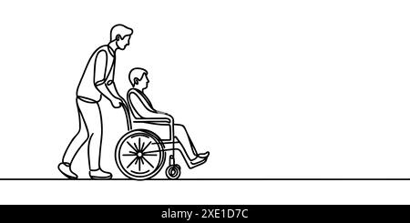 Mann trägt einen Patienten im Rollstuhl durchgehende Vektorzeichnung mit einer Linie. Eine Pflegeperson trägt einen Rollstuhl mit einem Mann. People Medical Long Term Care Konzept Stock Vektor