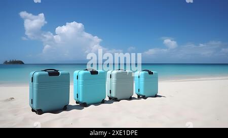 Nur wenige moderne Koffer am Strand des tropischen Resorts an sonnigen Tagen, neuronales Netzwerk erzeugte Kunst Stockfoto