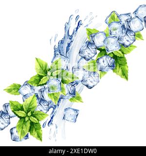 Kristalleiblöcke, frische Minzblätter und Wasserstrahl, Spritzer und Ströme, handgezeichnete Aquarellillustration mit Zutaten für die Sommererfrischung Stockfoto