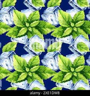 Kristalleiblöcke, frische Minzblätter, nahtloses Muster mit handgezeichneten Aquarellzutaten für erfrischende Sommergetränke, blauer gefrorener Wasserwürfel Stockfoto