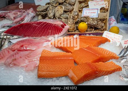 Verschiedene Fischfilets und Austern, die auf einem spanischen Markt verkauft werden Stockfoto