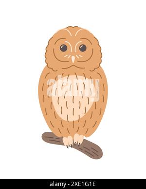 Eule auf Zweig Kritzelei handgezeichneter Charakter. Niedlicher Waldvogel im linearen Cartoon-Stil. Bearbeitbare Konturdarstellung Stock Vektor