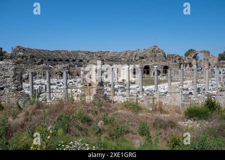 Das antike Theater von Side. Truthahn. Antalya. Ruinen der antiken Stadtseite Stockfoto