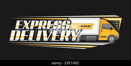 Vektor-Logo für Expressversand, dekorative Überschrift mit Strichgrafik-Illustration des Profils Seitenansicht Lieferwagen in Bewegung mit gelber Kabine, horizo Stock Vektor