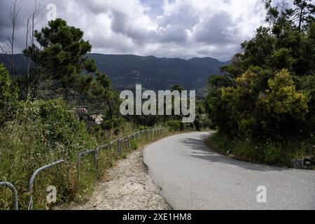 Blick auf die Autostraße von Punta Mesco nach Monterosso, Cinque Terre, Italien. Stockfoto