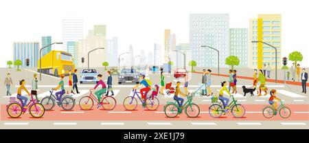 Urbane Silhouette einer Großstadt mit Verkehr und Fußgängerzonen, Panorama, Illustration Stockfoto