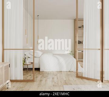 Helle Schlafzimmereinrichtung mit Glas- und Holztrenntüren, 3D-Putz Stockfoto