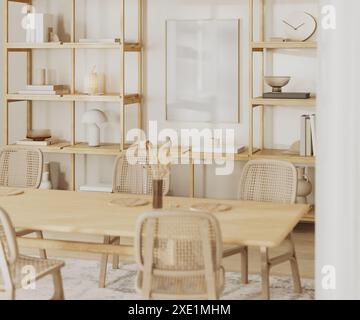 Leerer Rahmen an weißer Wand mit Regalen mit Dekor, Esstisch im Wohnzimmer, 3D-Rendering Stockfoto