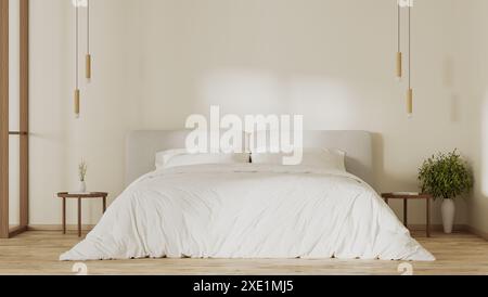 Innenraum des Schlafzimmers mit großem weißem Bett, Sonnenlicht an der Wand, Nachttischen mit Pendelleuchte, 3D-Rendering Stockfoto