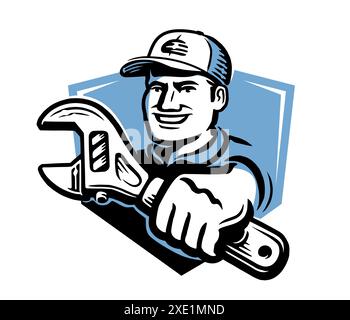 Retro-Logo für mechanische Reparatur. Arbeiter mit Schraubenschlüssel-Emblem. Vektorabbildung Stock Vektor